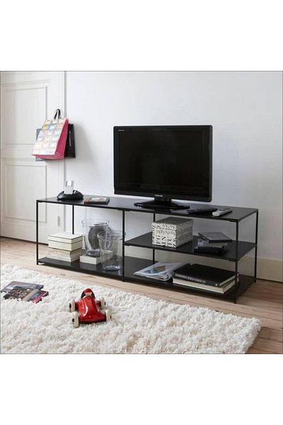 House One TV Table|Modern Metal Shelves TV Cabinet Suitable-Black-140x30x45cm