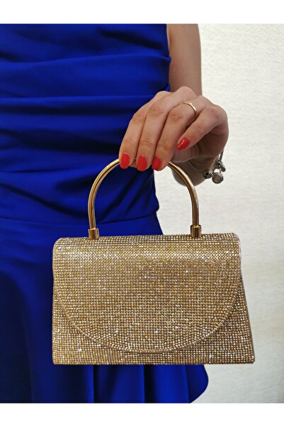 NAZART Women's Stoned Gold Gold Evening Dress Clutch Chain Strap Hand Wedding Engagement Night Shoulder Bag