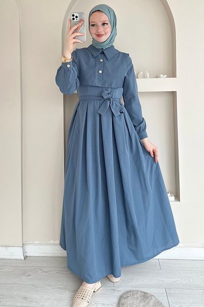 ButikMoor Mo336 Indigo Dress with Collar Detail