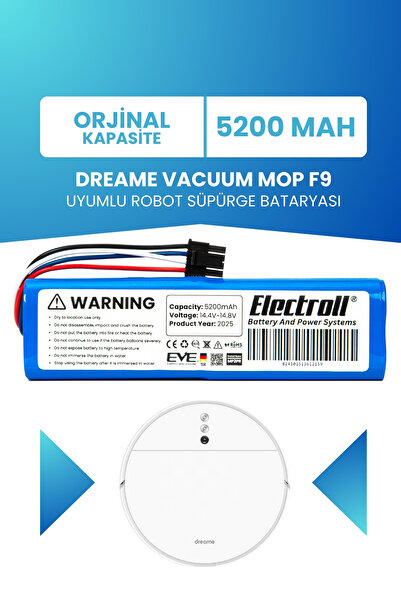 ELECTROLL Dreame Vacuum Mop F9 Uyumlu Batarya (ORJİNAL KAPASİTE) 5200mah Pil Robot Süpürge Bataryası Değişimi