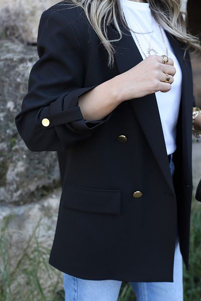 bytugcekaya Black Sleeve Layered Gold Button Blazer