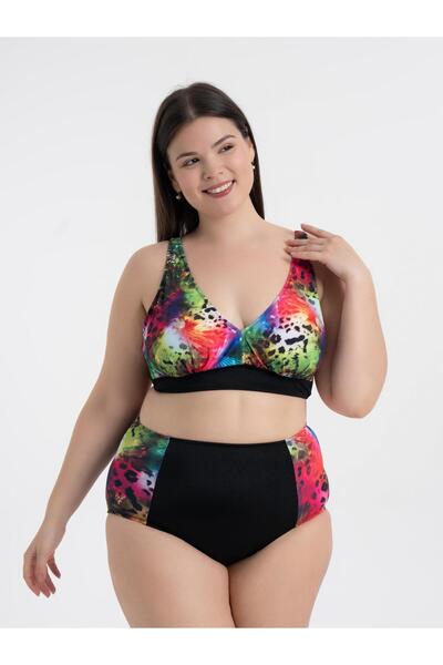 AQUAVİVA Aquaviva Women's Plus Size Black Marbled Pattern Nadide Bikini Set