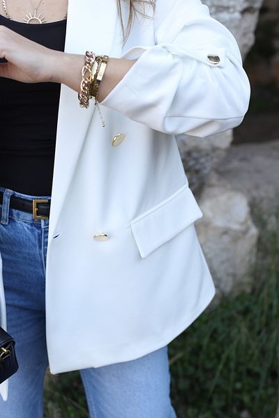 bytugcekaya White Sleeve Layered Gold Button Blazer
