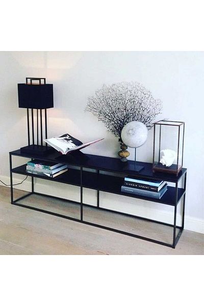 House One TV Table|Modern Steel and Glass Shelves TV Cabinet with Storage Capacity Suitable-Black-140x40x50cm