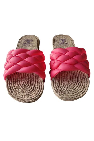 MODA SENİ Straw Look Non-Slip Eva Sole Women's Slippers Fuchsia Soft Comfortable Pool Sea Beach Slippers