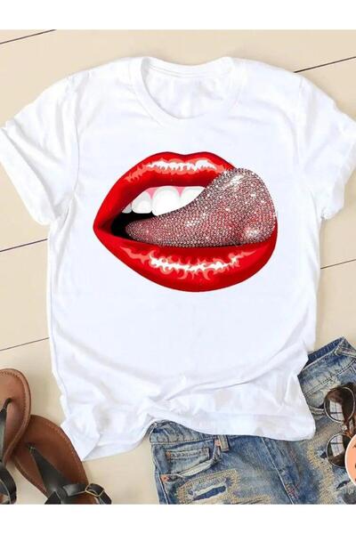 THİS GYOX Women's Printed Detail Oversize Bol Cut T-Shirt with Cycling Neck