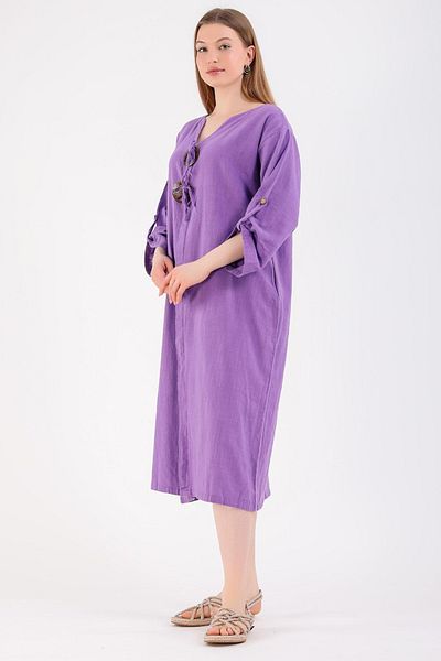 AYASOFYA OTANTIK Rochie midi cu mânecă lungă, mov, cu buzunare cu cataramă, 100% bumbac