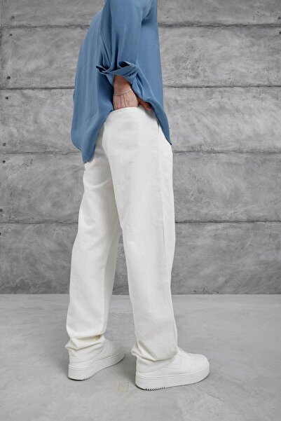 NOMARC Λευκό φαρδύ λινό παντελόνι