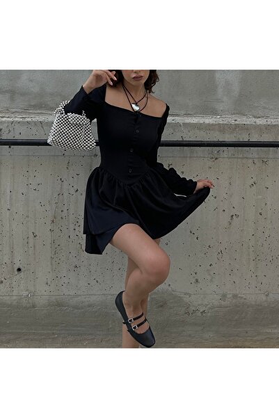 DarkellaStore Μίνι φόρεμα με μακρυμάνικο μαύρο κορδόνι με κουμπιά Gothic Harajuku