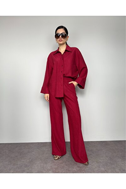 deqfashion طقم بنطال قميص كتان مجعد باللون العنابي مكون من قطعتين