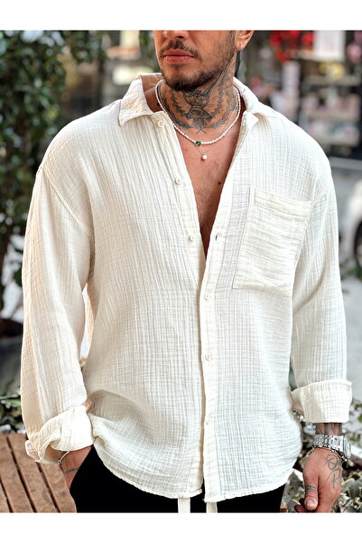 manch collection Κρεμ πουκάμισο Oversize Single Pocket Mustilin