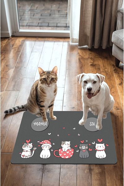 Dormot Modern Digital Printed Food and Water Mat - 45X70 cm Cat/Dog Mat with Non-Slip Base