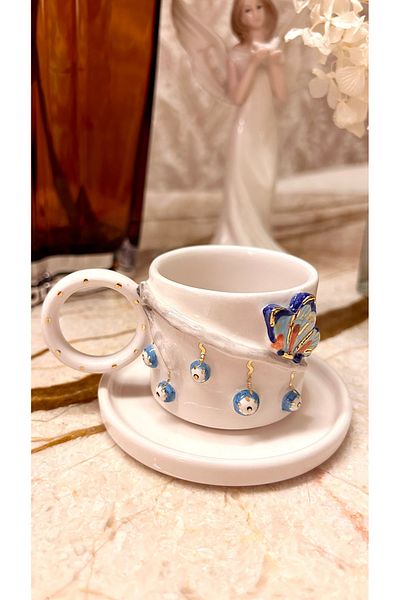 Port Aksesuar Cute Butterfly 24K Gold Decorated Handmade Ceramic Cup 120ml