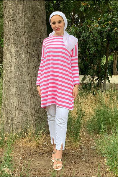 Moda Rosa 25Y4315 - Candy Pink - Oversize Tunic with Thick Stripes
