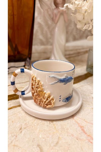 Port Aksesuar Explorer Fish 24K Gold Decorated Handmade Ceramic Cup 120ml