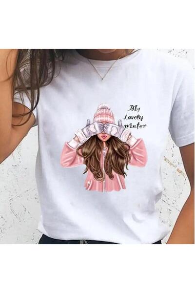 THİS GYOX Women's Printed Detail Oversize Bol Cut T-Shirt with Cycling Neck