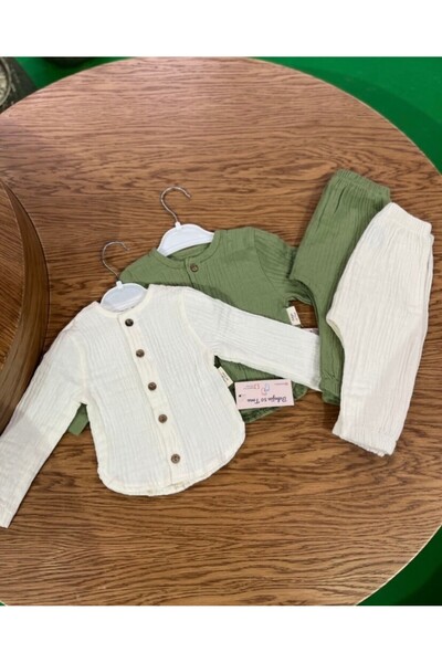 Bebeğin 50 Tonu Unisex kız erkek bebek terletmez müslin kumaş düğmeli uzun kollu pijamalı rahat 2'li takım hediyelik