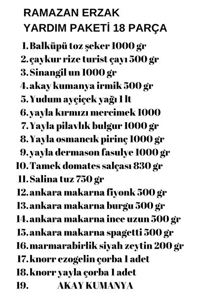 Yayla Erzak yardım paketi kumanya kolisi 18 parça