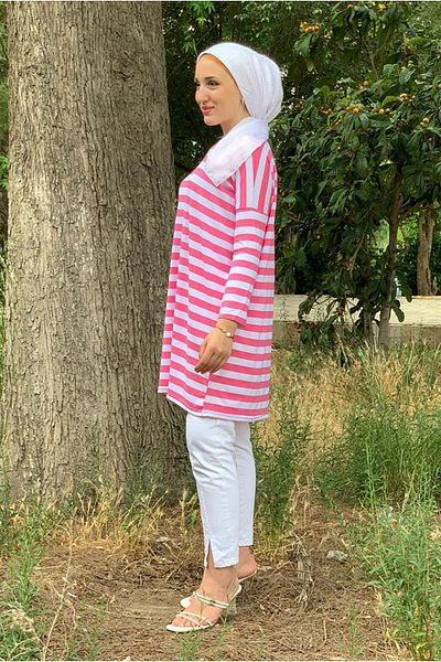 Moda Rosa 25Y4315 - Candy Pink - Oversize Tunic with Thick Stripes