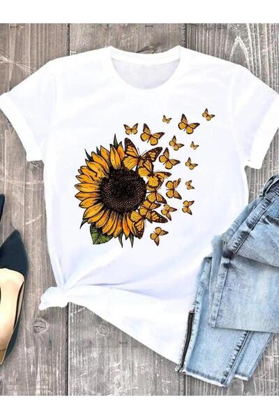 THİS GYOX Women's Printed Detail Oversize Bol Cut T-Shirt with Cycling Neck