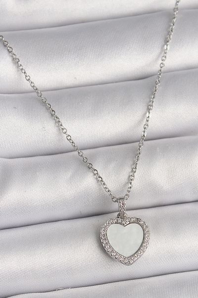 Skygo 316L Steel Silver Color Chain Zircon Stone White Enamel Heart Model Women's Necklace