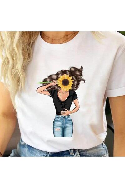 THİS GYOX Women's Printed Detail Oversize Bol Cut T-Shirt with Cycling Neck