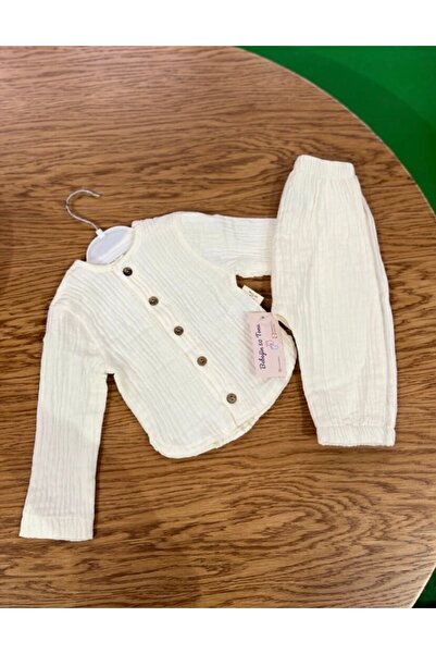 Bebeğin 50 Tonu Unisex kız erkek bebek terletmez müslin kumaş düğmeli uzun kollu pijamalı rahat 2'li takım hediyelik