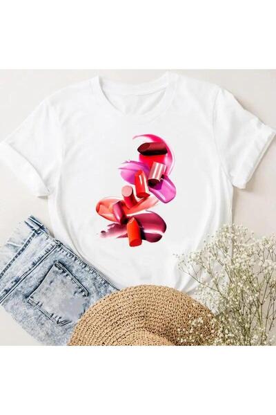 THİS GYOX Women's Printed Detail Oversize Bol Cut T-Shirt with Cycling Neck