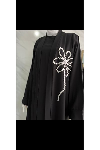 DİLEKBUTİK Μαύρο λουλούδι με λεπτομέρειες διπλό abaya, μηδενικό μανίκι εσωτερικά φόρεμα abaya