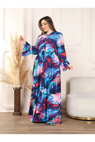 MODA Women's Large Size Buttoned Spanish Sleeve Woven Dress with Placket Collar