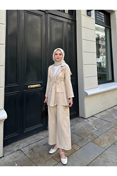 VOLT CLOTHİNG Σετ παντελόνι γυναικείο λινό μπουφάν με κορδόνι μέσης