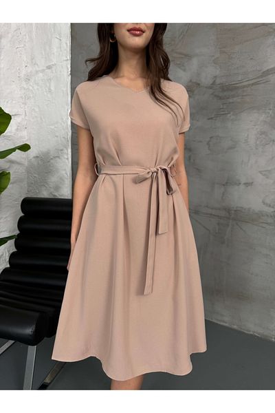Elif Özbey Butik Φόρεμα Camel V Neck με ζώνη