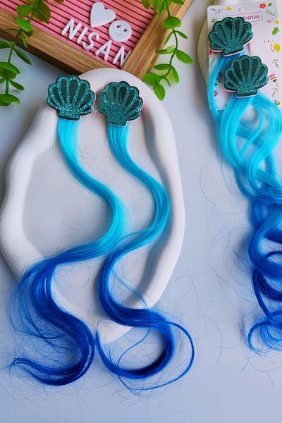 Nisankids Girl's Glittery Shiny Oyster Figured Artificial Hair - Hairpiece 2 Pieces (Suitable for the Mermaid Concept)