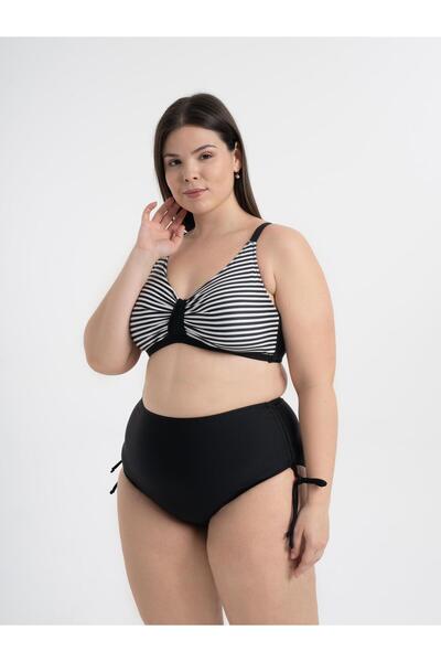 AQUAVİVA Aquaviva Women's Plus Size Black Thin Striped Katrina Gathering High Waist Bikini Set