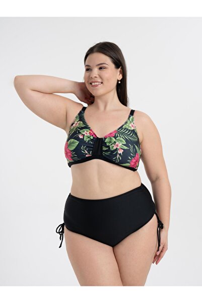 AQUAVİVA Aquaviva Women's Plus Size Black Violet Pattern Katrina Gathering High Waist Bikini Set