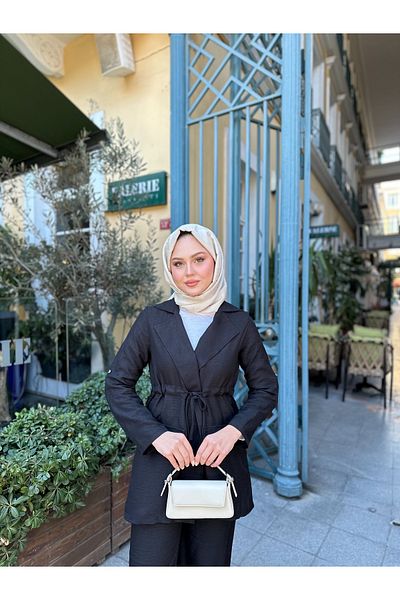 VOLT CLOTHİNG Kadın Bel Büzgülü Keten Ceket Pantolon Takım