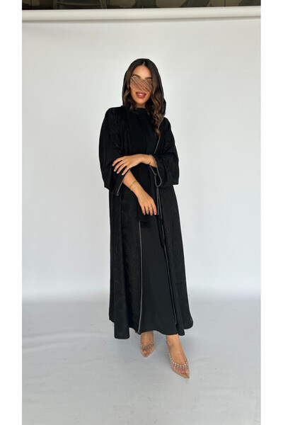 outline Half-cloche jacquard abaya with luxurious details