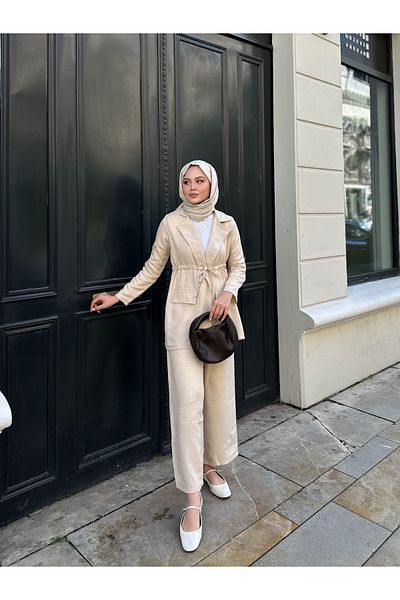 VOLT CLOTHİNG Kadın Bel Büzgülü Keten Ceket Pantolon Takım