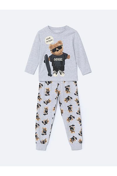 LC Waikiki Gray Crew Neck Bear Teddy Printed Boys' Pajamas Set
