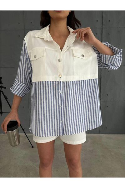 modaserdem Gabardine Shorts - Gabardine - Striped Linen Garnish Jacket Set - Navy Blue