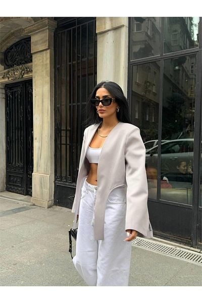 Deridün Yıldız Shoes Crop Jacket with Tie Tail - Gray