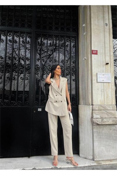 buğrahayalin Striped Long Vest - Pants Suit Polvi̇scon - Beige