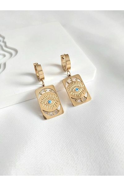 Alexis Carrel Women's Gold Steel Earrings, Rectangular Plate Model Blue Evil Eye Beaded Eye Design Earrings