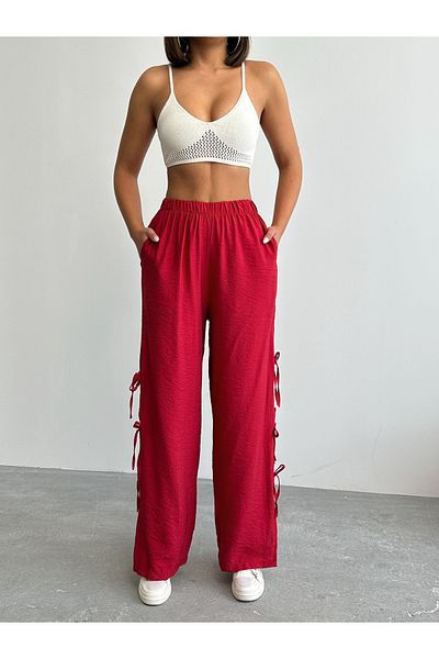alenmoda Women's Burgundy Elastic Waist Side Slit Modal Textured Bow Trousers