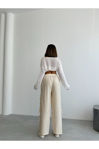alenmoda Women's Beige New Elastic Waist Side Slit Modal Textured Bow Brshka Trousers