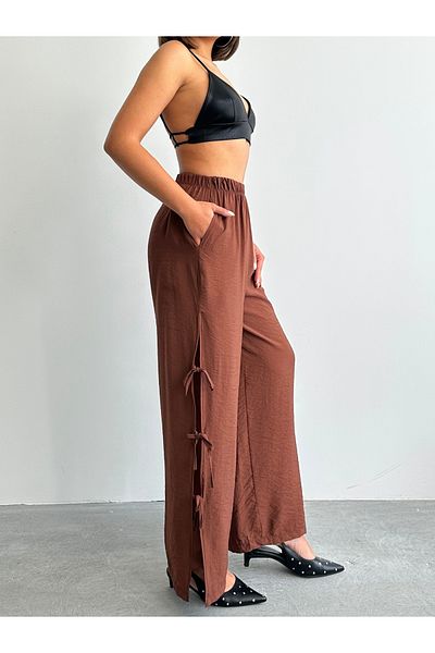 alenmoda Women's Brown Elastic Waist Side Slit Modal Textured Bow Brshka Trousers
