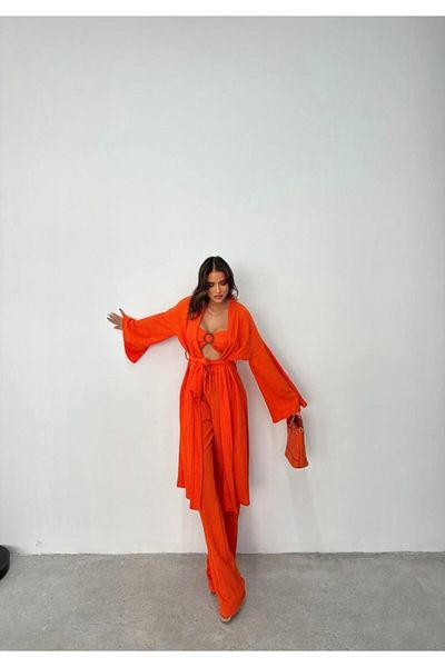 leyla sanat sanata yeni bir bakış açısı Leyla Art a New Perspective on Art Krinkill Bustier-Pants-Kimono Suit - Orange