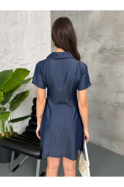 Elif Özbey Butik Mavi Boydan Düğmeli Jean Elbise