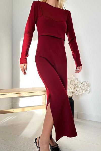 modaserdem Burgundy Cropped Acrylic Dress