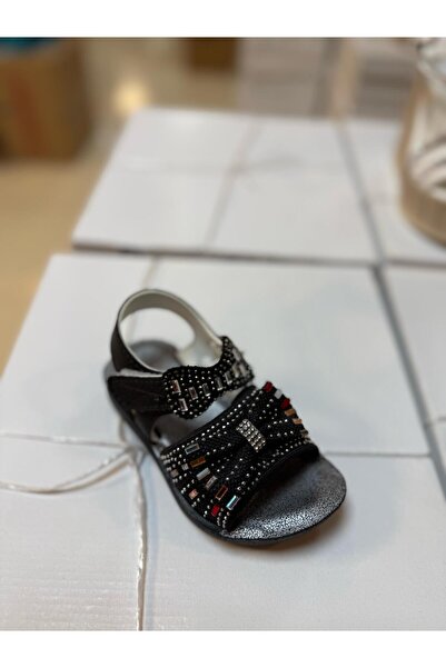 MYSSTORE Kız Çocuk Simli Taşlı Kurdele Sandalet Siyah